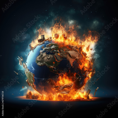 Global Earth collapse, burning, destroyed by fire. Conceptual illustration of global warming, caused by the excesses of the world of finance and industry - Generative AI photo