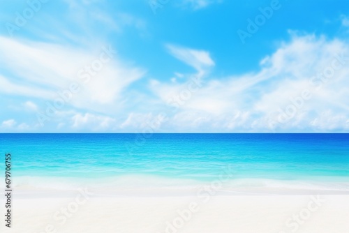 Sunny Tranquility: Embrace the Beautiful Sandy Beach with White Sand, Rolling Calm Waves, and Turquoise Ocean, Against a Canvas of White Clouds in a Blue Sky © Martin