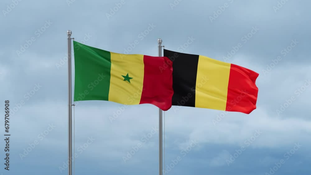 Belgium flag and Senegal flag waving together on cloudy sky, endless seamless loop, two country relations concept