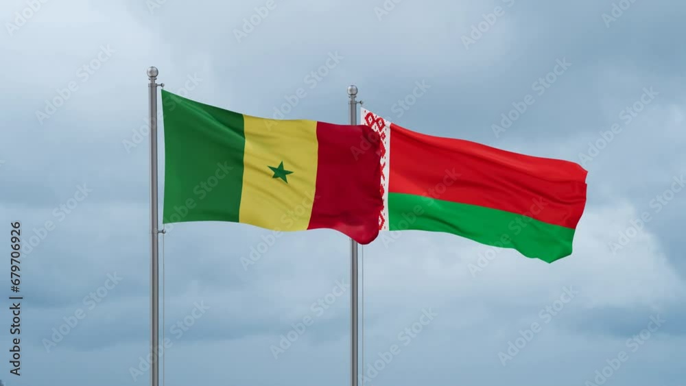 Belarus and Senegal flag waving together on cloudy sky, endless seamless loop, two country cooperation concept Belarus and Senegal flag waving together on cloudy sky, endless seamless loop, two country cooperation concept