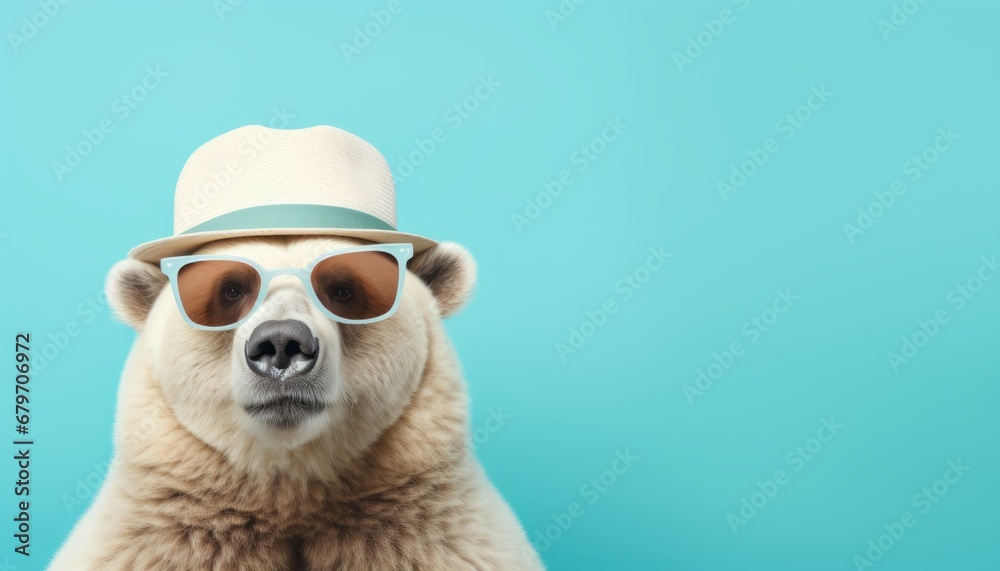 Cool bear traveling with sunglasses and hat   studio shot on pastel background with copy space