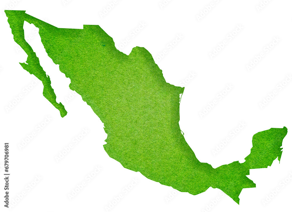 Mexico Map. Green grass. Mexico map made from cutted papers with green grass. Map of Mexico made with crumpled kraft paper. Handmade map with recycled material. Green. Texture. Green.