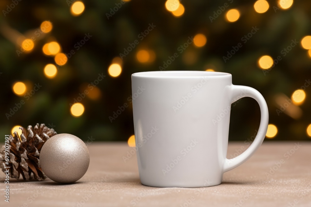 Fototapeta premium Autumn theme white coffee mug mockup lights background with green 