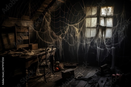 Haunting Scene with Eerie Spider Webs and Dusty Cobwebs Generative AI