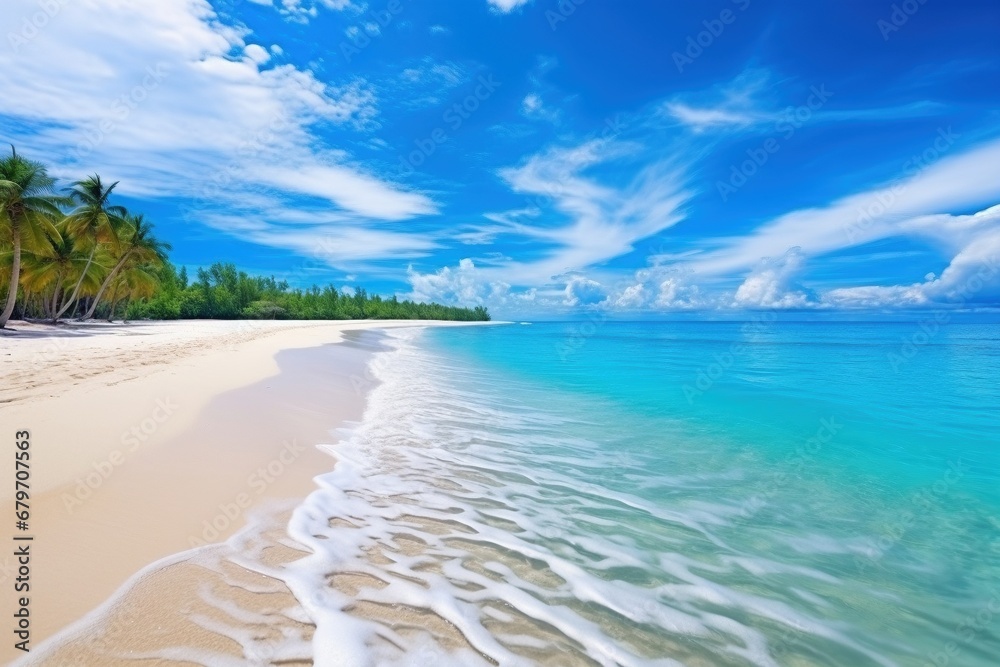 Island Escape Bliss: Immerse Yourself in the Scenic Beauty of a Beautiful Sandy Beach, White Sand, Calm Waves, and a Panoramic Seascape Under a Sunny Day Sky