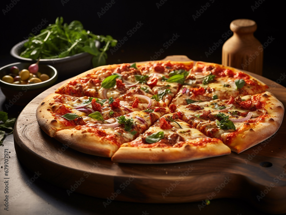 14-inch delicious pizza on wooden plate on bokeh background. 