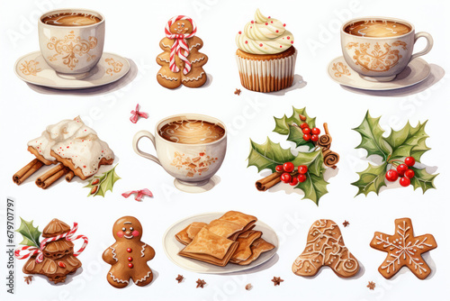 Christmas gingerbread cookies and cup of coffee set, watercolor illustration