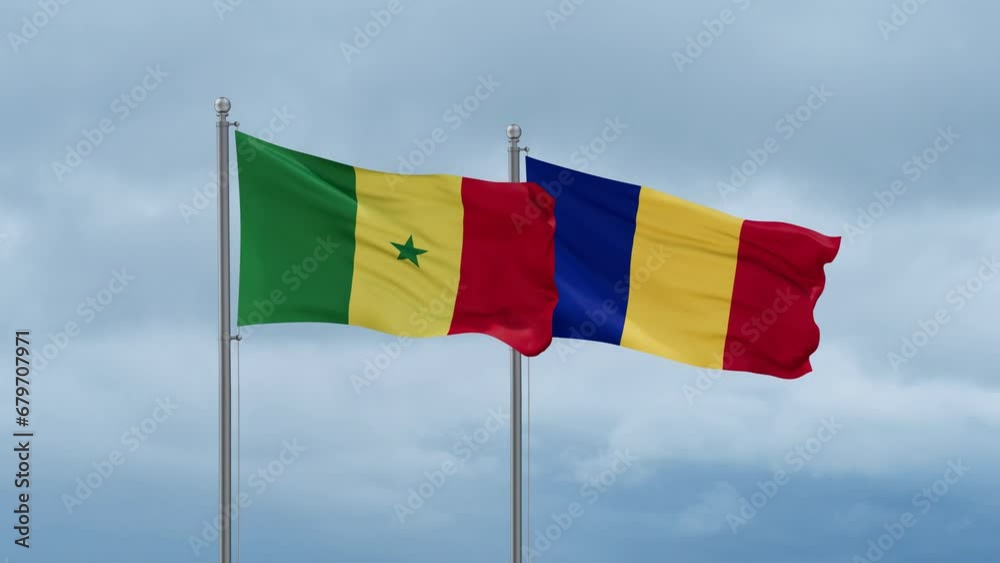 Chad flag and Senegal flag waving together on cloudy sky, endless seamless loop, two country relations concept Chad flag and Senegal flag waving together on cloudy sky, endless seamless loop, two country relations concept