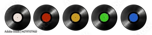 Vinyl record icon set in different label colors, lp record symbol isolated cutout on transparent background