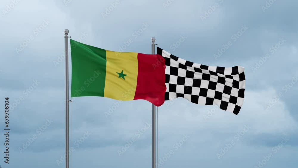 Senegal flag and racing checkered flag waving together on cloudy sky, endless seamless loop Senegal flag and racing checkered flag waving together on cloudy sky, endless seamless loop