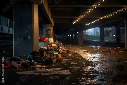 Garbage strewn under a bridge, with dim lights casting a glow on a desolate urban area.