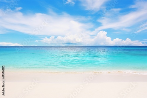 Tropical Paradise Vista  Experience the Serenity of a Colorful Panoramic Landscape  a Beautiful Sandy Beach  White Sand  and the Rolling Calm Waves of Turquoise Ocean