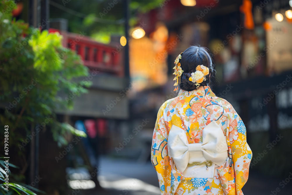 Woman wear kimono in the Japanese village Woman wear kimono in the Japanese village