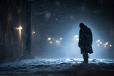 A lone homeless person trudges through a blizzard on a city street, with lights diffused by the heavy snow.