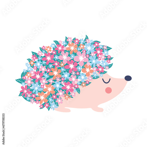 childish pattern with floral hedgehog with flowers and cute hedgehogs on a white background.
