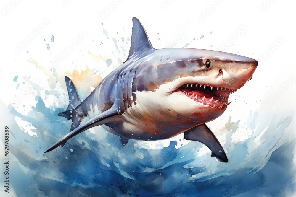 Naklejka premium watercolor Shark Hungry shark illustration with splash watercolor textured background
