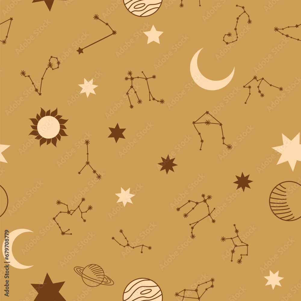 Magic seamless pattern with constellations, sun, moon, magic eyes, clouds and stars. Mystical esoteric