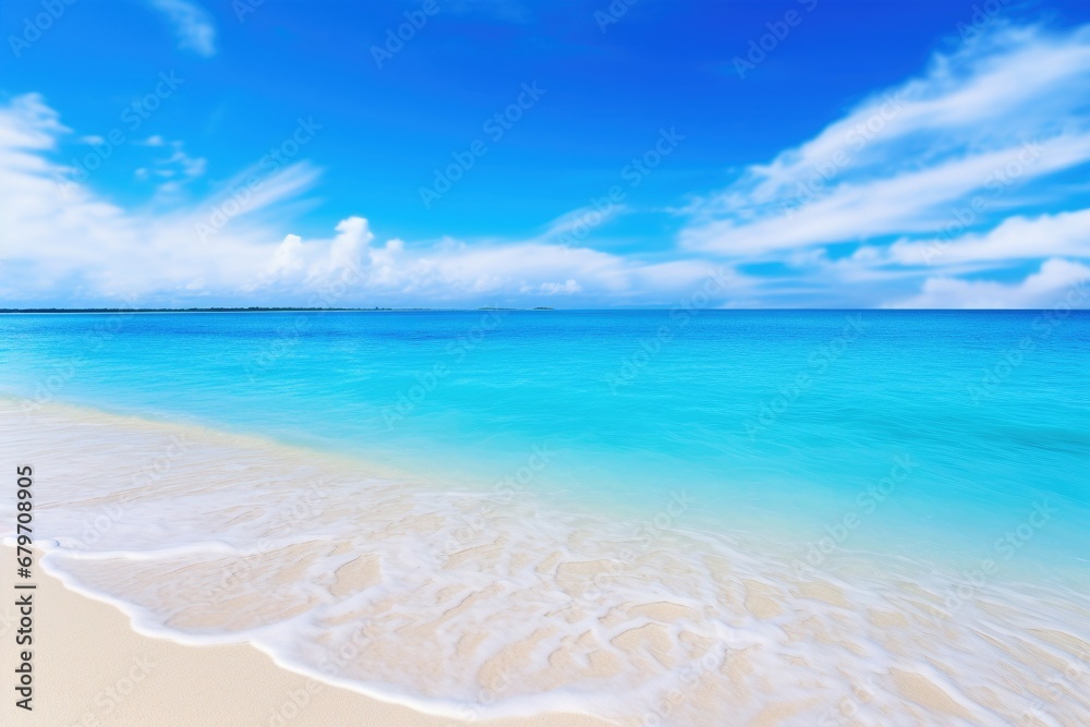 Fototapeta premium Seaside Serenity: Find Solace in the Tranquil Beauty of a Perfect Coastal Scene, with a Sandy Beach, White Sand, and the Calm Turquoise Waves Against a Blue Sky