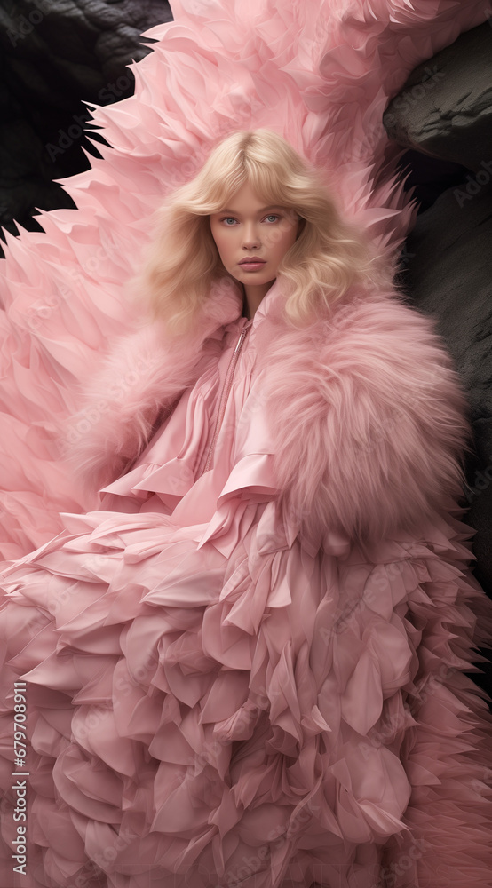 A glamorous fashion model draped in a voluminous, soft pink fur coat against a dramatic backdrop. High fashion editorial with luxurious textures and cinematic style.