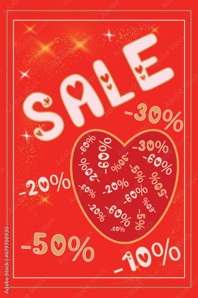 Valentine's Day sale vertical banner Vector illustration red background Gold light garland lines confetti Holiday gift card Text Sale Discounts with percentages Holiday design Heart February mood