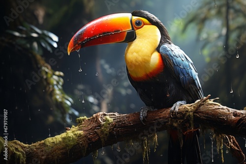 Toucan tropical bird sitting on a tree branch in natural wildlife environment in rainforest amazon jungle photo