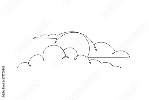One continuous line drawing of Sky clouds white. Clouds concept. Doodle vector illustration in simple linear style.