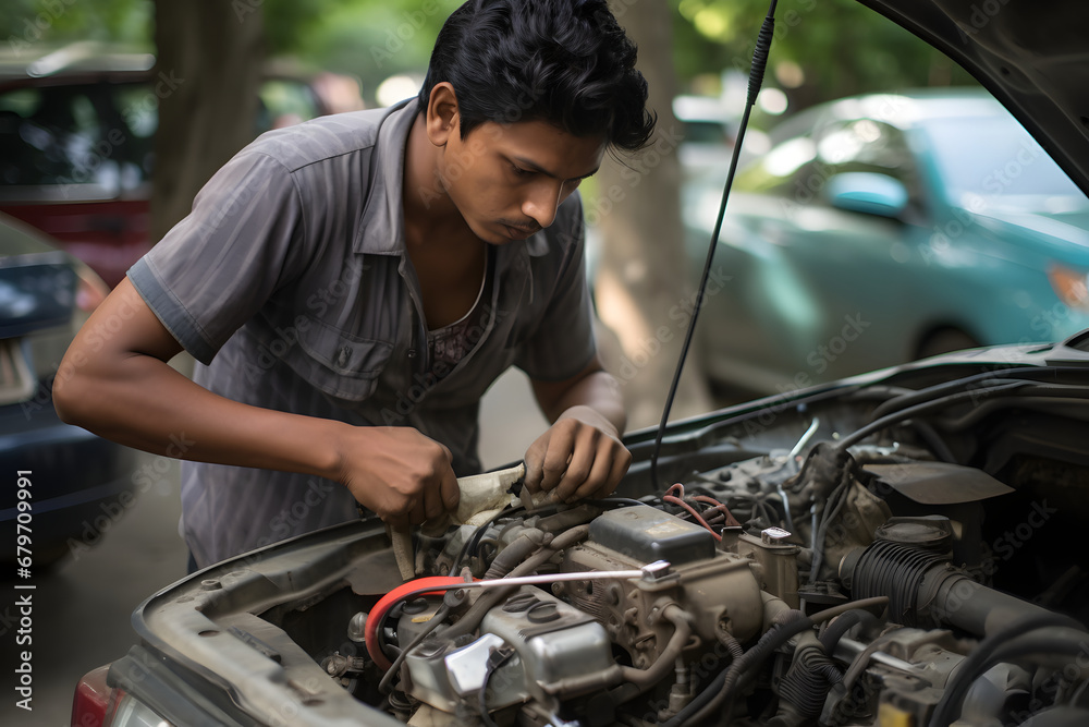  young man is a car mechanic in India repairing a car. small business in India