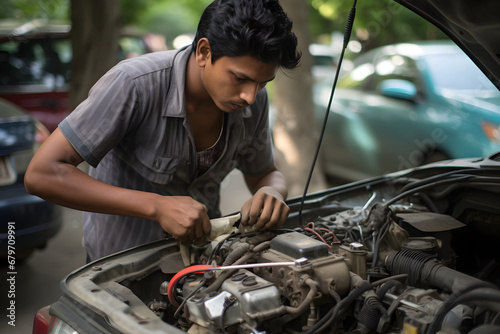  young man is a car mechanic in India repairing a car. small business in India