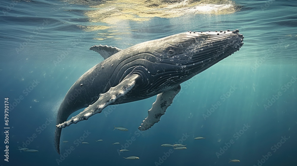 Fototapeta premium Southern Right Whale (Eubalaena australis) fluking at sunset, Valdes Peninsula, Argentina, Atlantic Ocean