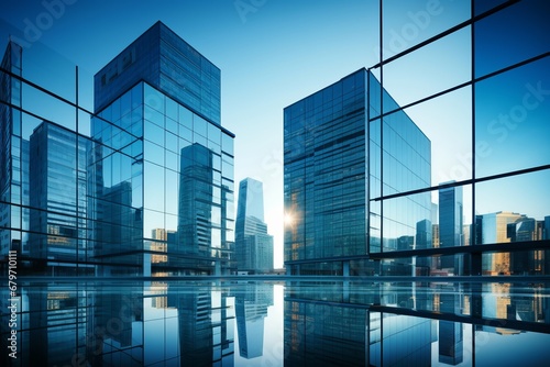 stunning view of glass buildings in architecture and construction against a clear blue sky