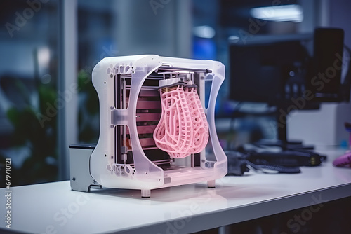 3d printer prints a bioprosthesis. Cyborg. Advanced medical biotechnologies photo