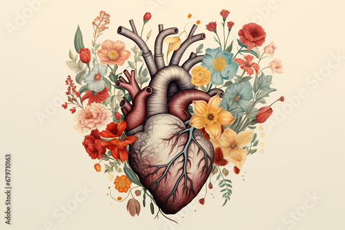 Valentines day card. Anatomical heart with flowers. photo