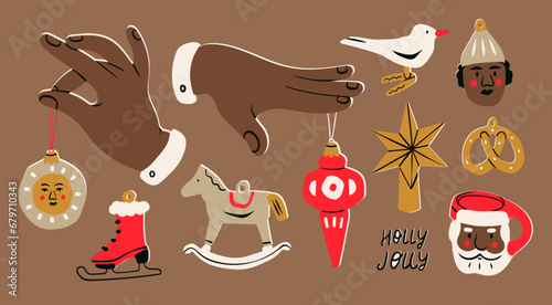Various Festive Christmas toys. Different tree decorations. Hand holding toy, bird, elf, ice skate, pretzel, rocking horse, star, santa mug. Hand drawn Vector illustration. Isolated design elements