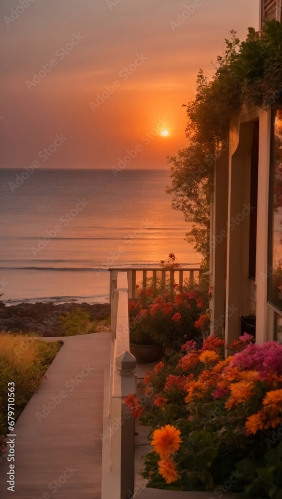 At sunset, on your porch, house embraced by a garden, sun dips into the sea. Warm hues paint the sky. Flowers' fragrance and sea breeze  . Nature's beauty and home serenity blend, leaving a  memory
