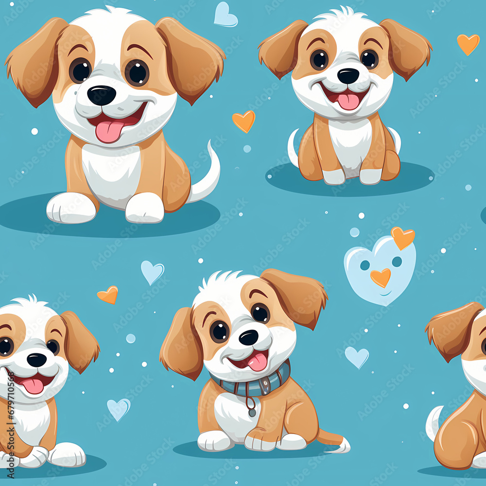 Seamless patterns featuring cartoon puppies in various playful poses