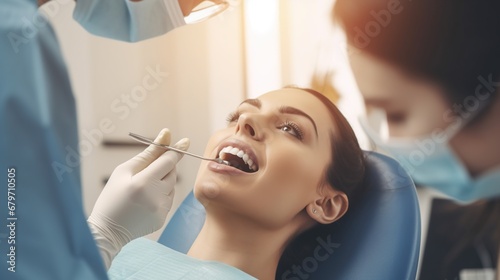 portrait of young woman with open mouth lying in dentist chair