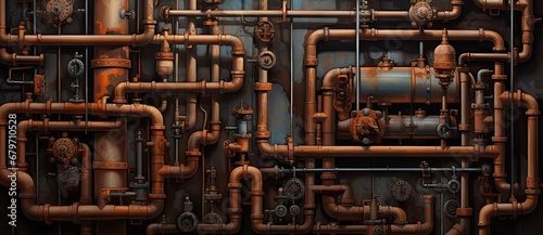 A Network of Industrial Pipes in Close-up Detail Created With Generative AI Technology photo