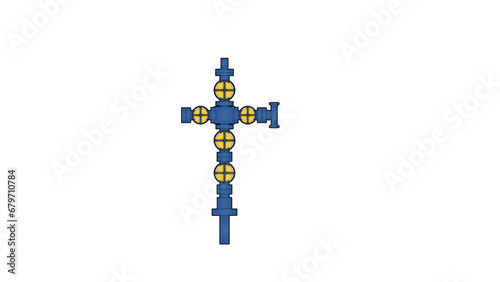 Color line drawing showing a wellhead christmas tree with valves and flanges