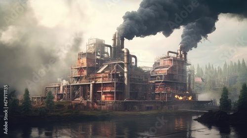 Power plant with smoking chimneys on a background of blue sky.Factories release CO2 into the atmosphere.Concept of carbon trading market.Atmospheric pollution,air pollution concept.