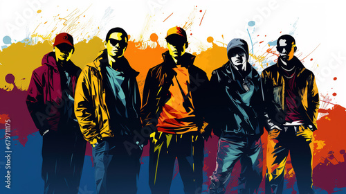 Illustration of cool looking group of gangsters or mafia in mixed grunge color pop art style.