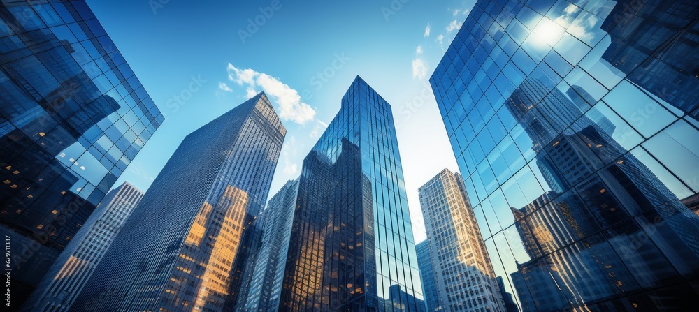 Breathtaking panoramic view of contemporary glass skyscrapers against a vibrant blue sky