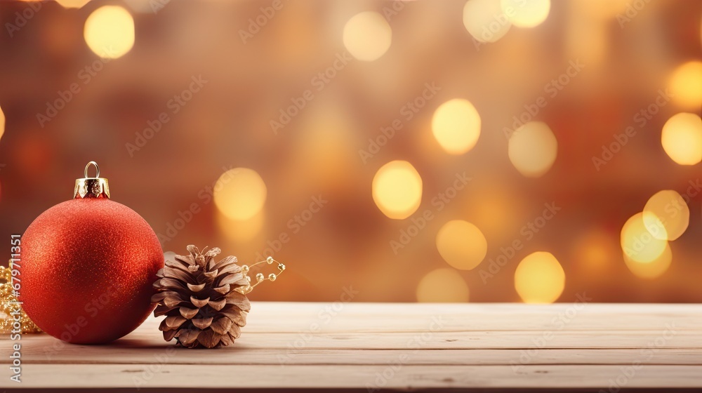  a red christmas ornament sitting on top of a wooden table next to a pine cone on top of a wooden table.