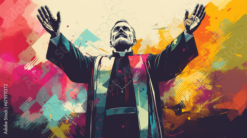 Illustration of cool looking Christian priest or pastor in mixed grunge color pop art style. photo