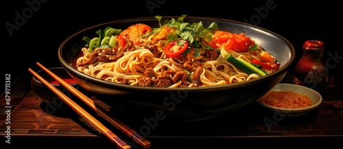 A Delicious Bowl of Noodles and Vegetables, Perfectly Paired with Chopsticks