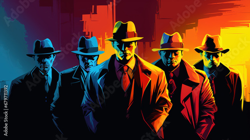 Illustration of cool looking group of gangsters or mafia in mixed grunge color pop art style.