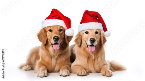 Cool looking golden retriever dogs twin wearing santa hat isolated on clean background. © Tepsarit