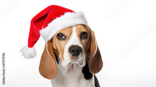 Cool looking beagle dog wearing santa hat isolated on clean background. © Tepsarit