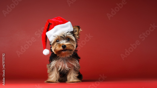 Cool looking yorkshire terrier dog wearing santa hat isolated on red background.