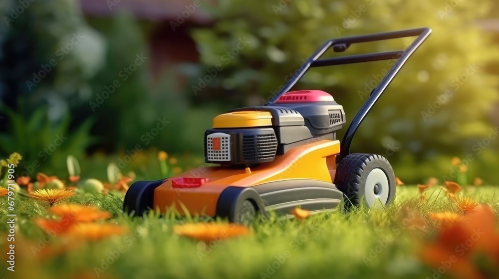 Generate a photography of lawnmower on grass Generate a photography of lawnmower on grass