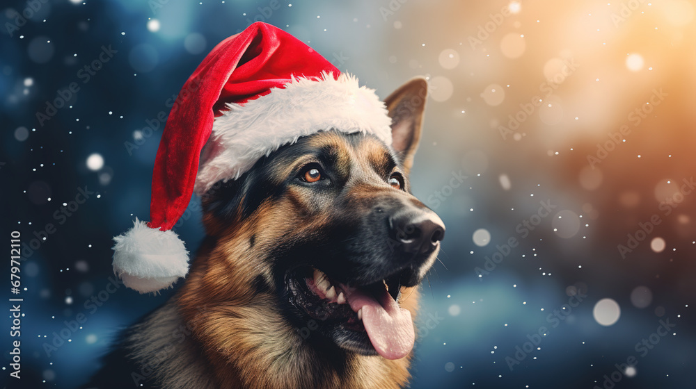 Cool looking german shepherd dog wearing santa hat isolated on blurred bokeh background. Cool looking german shepherd dog wearing santa hat isolated on blurred bokeh background.